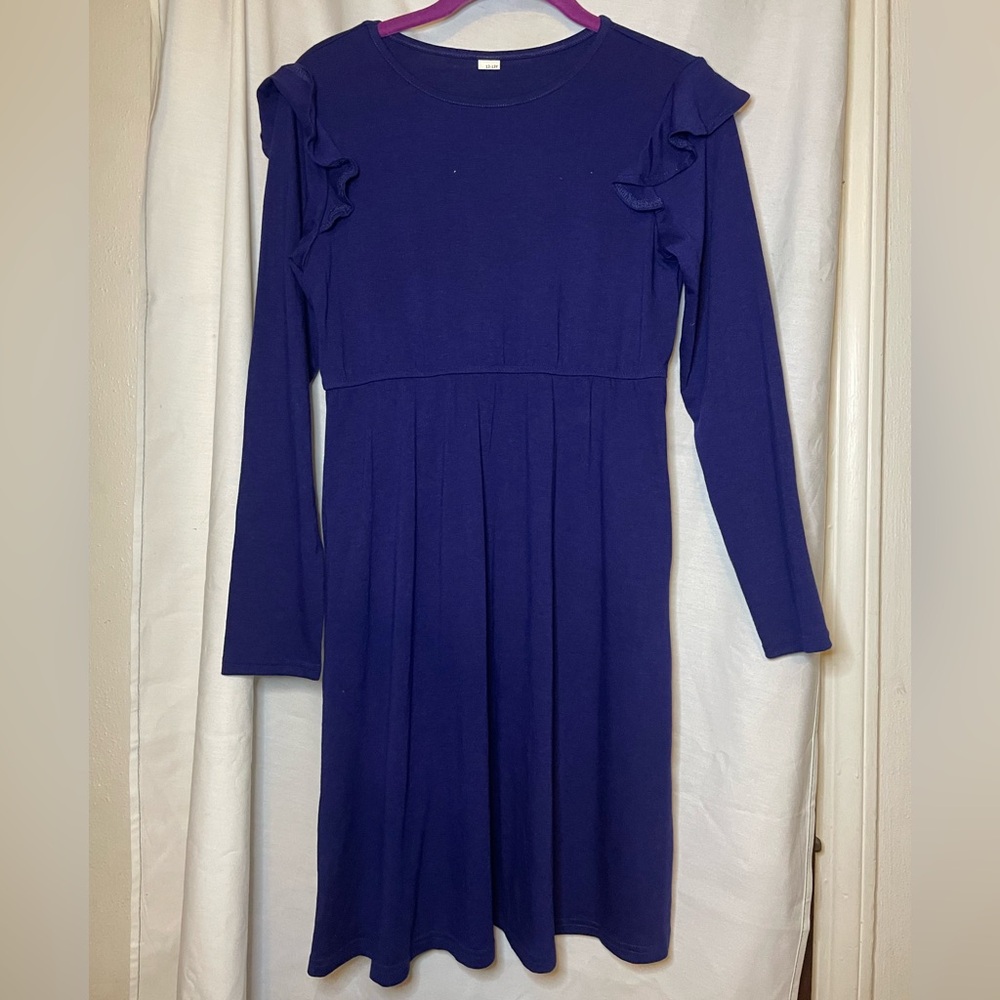 NWOT Navy Blue Juniors Ruffle Long Sleeve Dress Crew Neck Midi Dress Size M